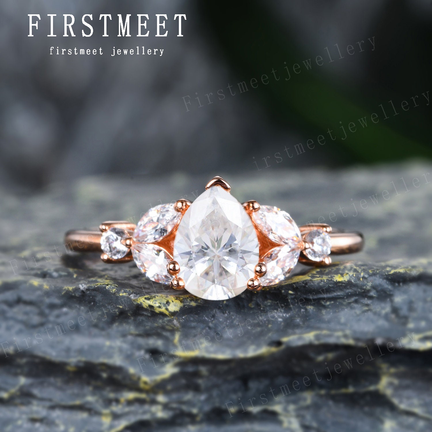 Moissanit Ring, Pear Cut Verlobungsring Roségold, Diamant Ehering Band, Marquise Art Deco Versprechen Braut Jubiläum Ring von Firstmeetjewellery