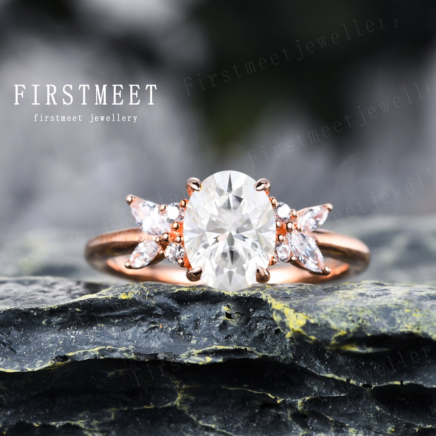 Moissanit Verlobungsring 14 Kt Roségold Vintage Ehering Sterling Mondstein Marquiseschliff Diamant Jahrestag von Firstmeetjewellery