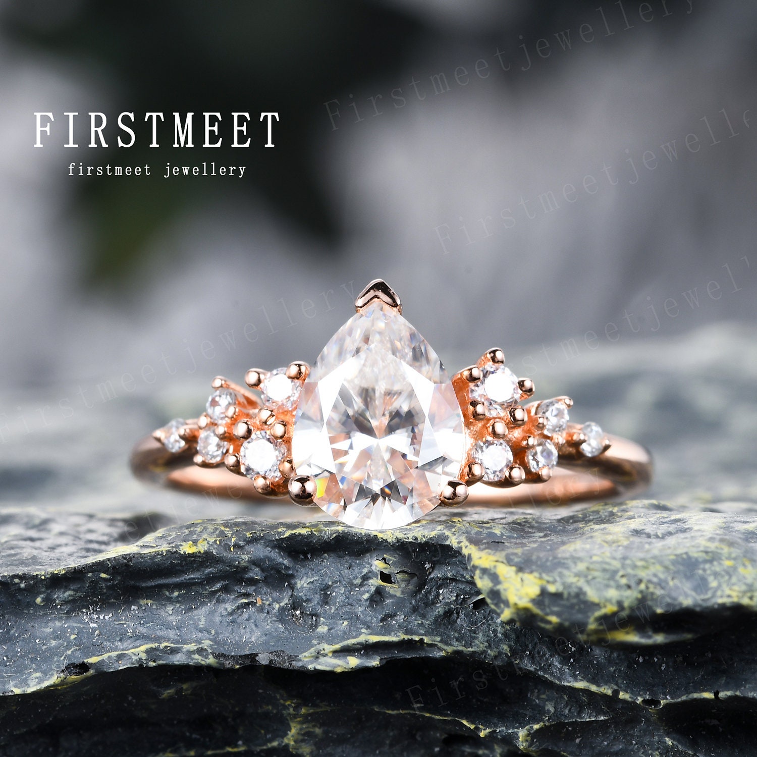 Moissanit Versprechensring Vintage Verlobungsring in 18K Roségold Birnenschliff Ring von Firstmeetjewellery