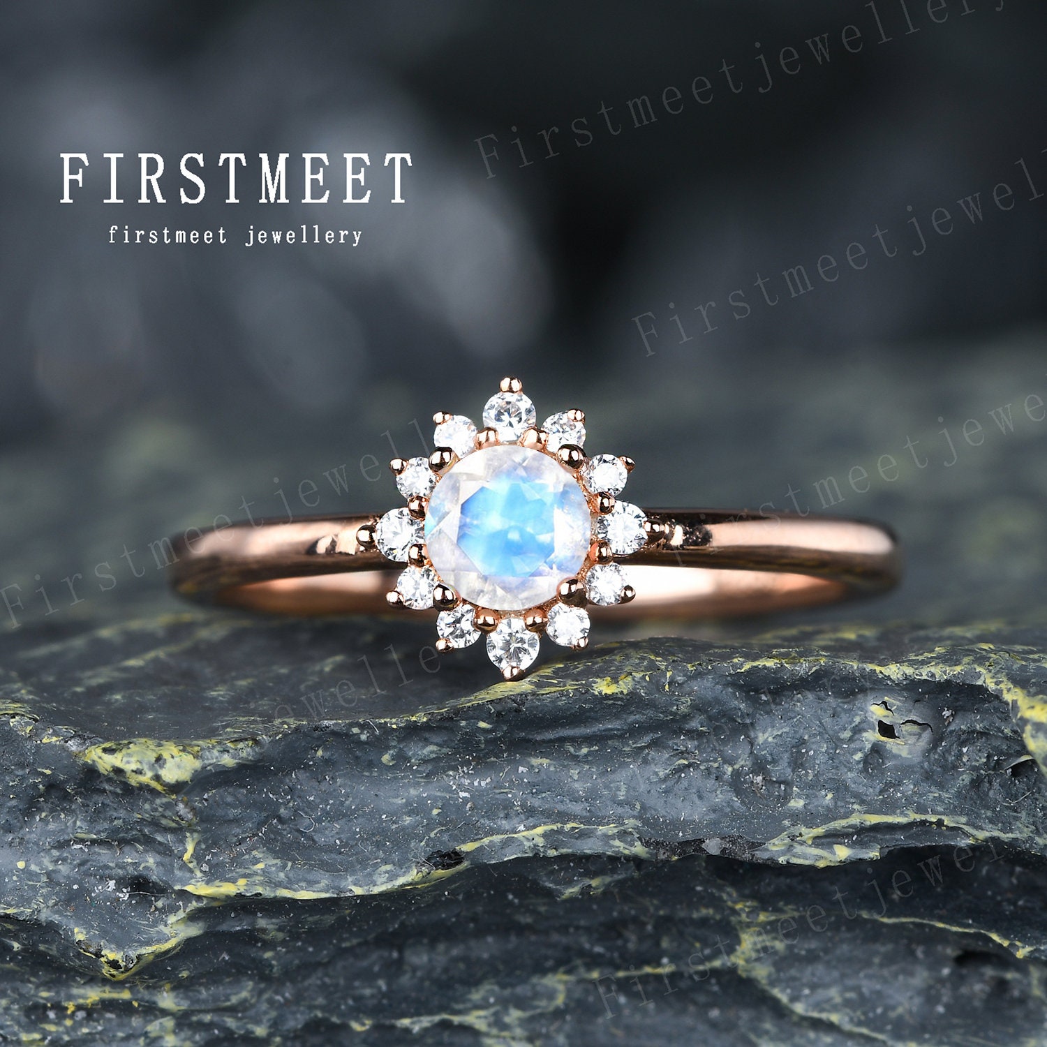 Mondstein Diamant Verlobungsring Vintage Blume Halo Ring Uni 14K Roségold Band Zierlich Versprechen Juni Geburtsstein Minimalist von Firstmeetjewellery