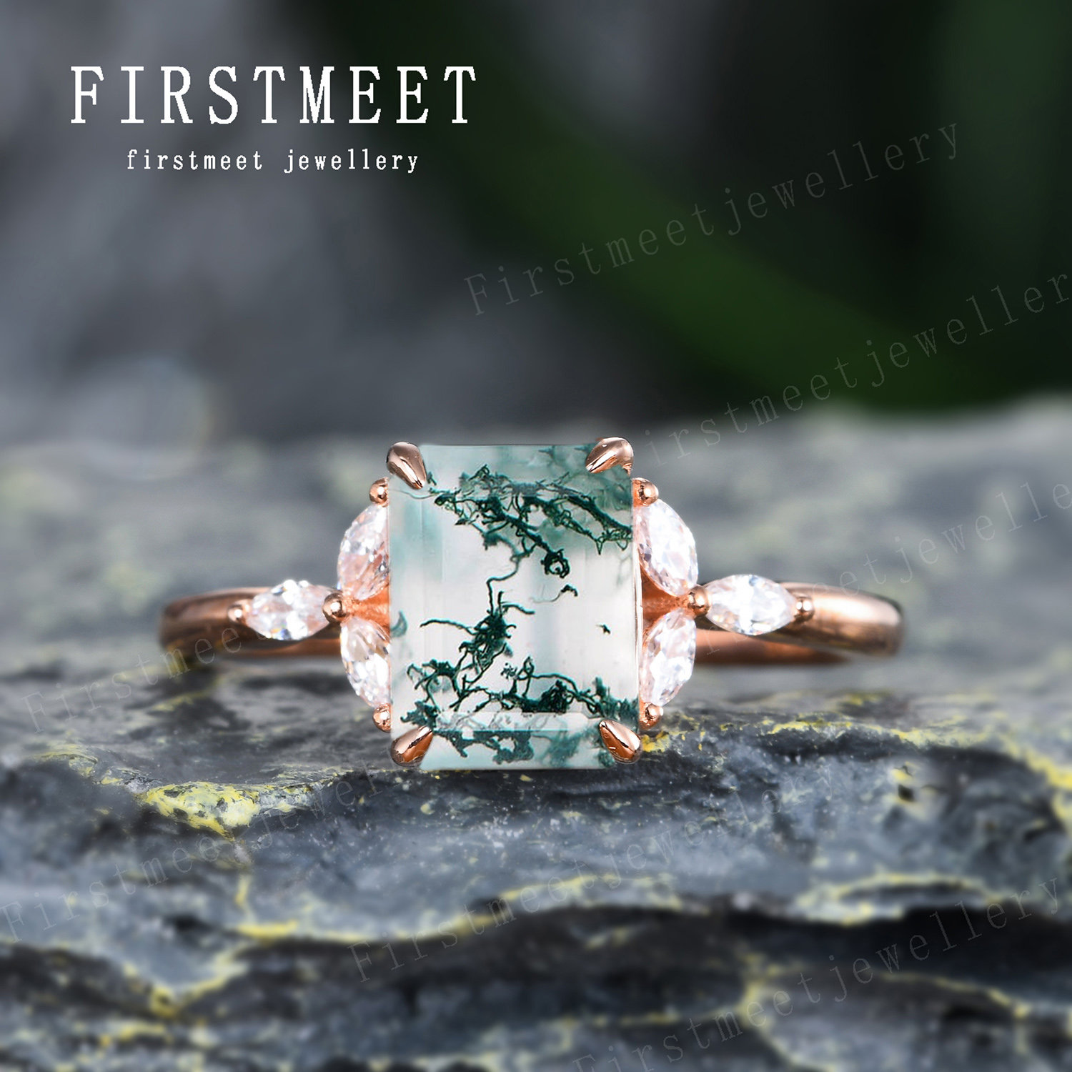 Moos Achat Ring, Smaragd Schliff Grün Versprechen Art Deco Vintage Verlobungsring Für Frauen Zierliche Rose Gold Diamant Ring von Firstmeetjewellery