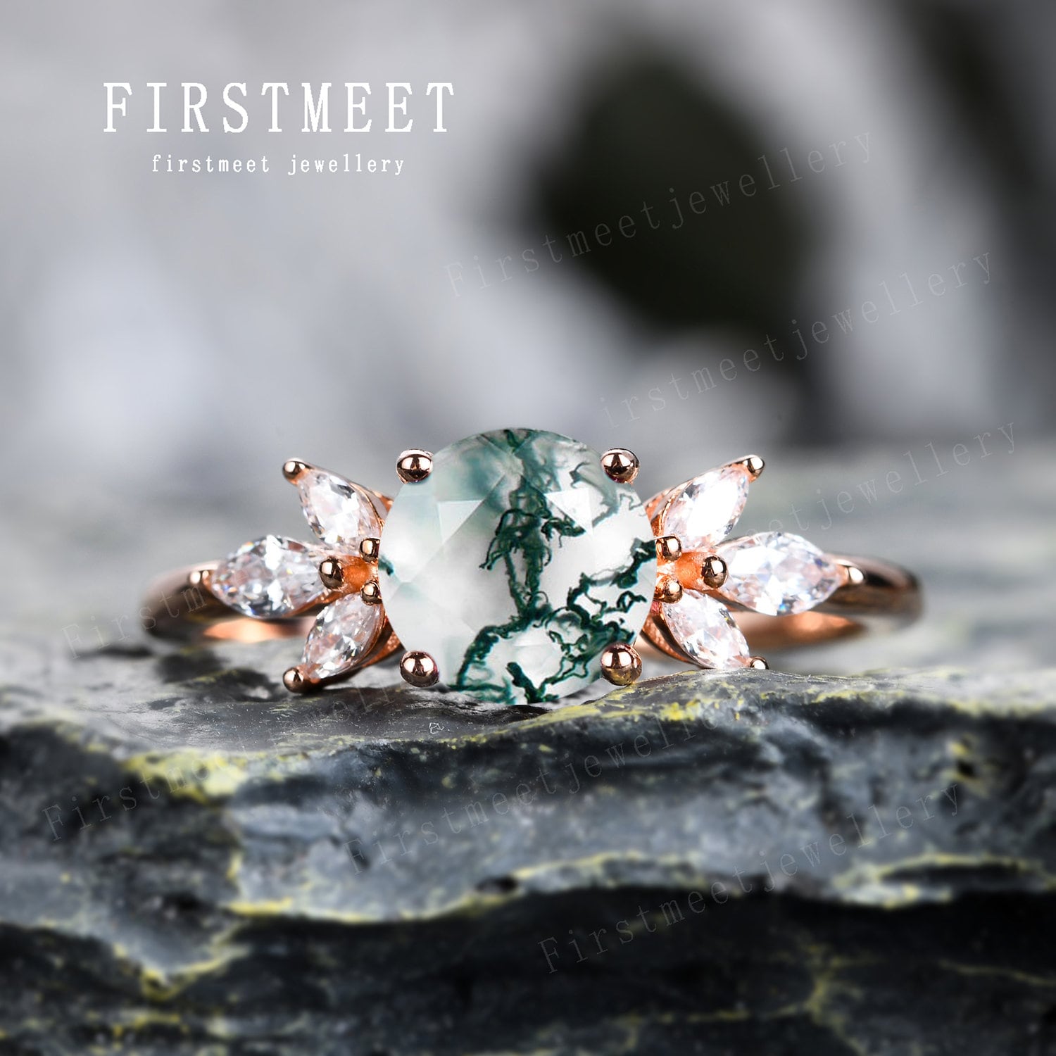 Moos Achat Ring Solitär Verlobungsring Für Frau Diamant Grün Roségold Braut Versprechen Jubiläum von Firstmeetjewellery