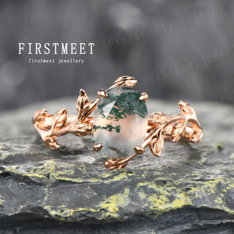 Ovaler Moosachat Verlobungsring Roségold-Blattzweigring von Firstmeetjewellery