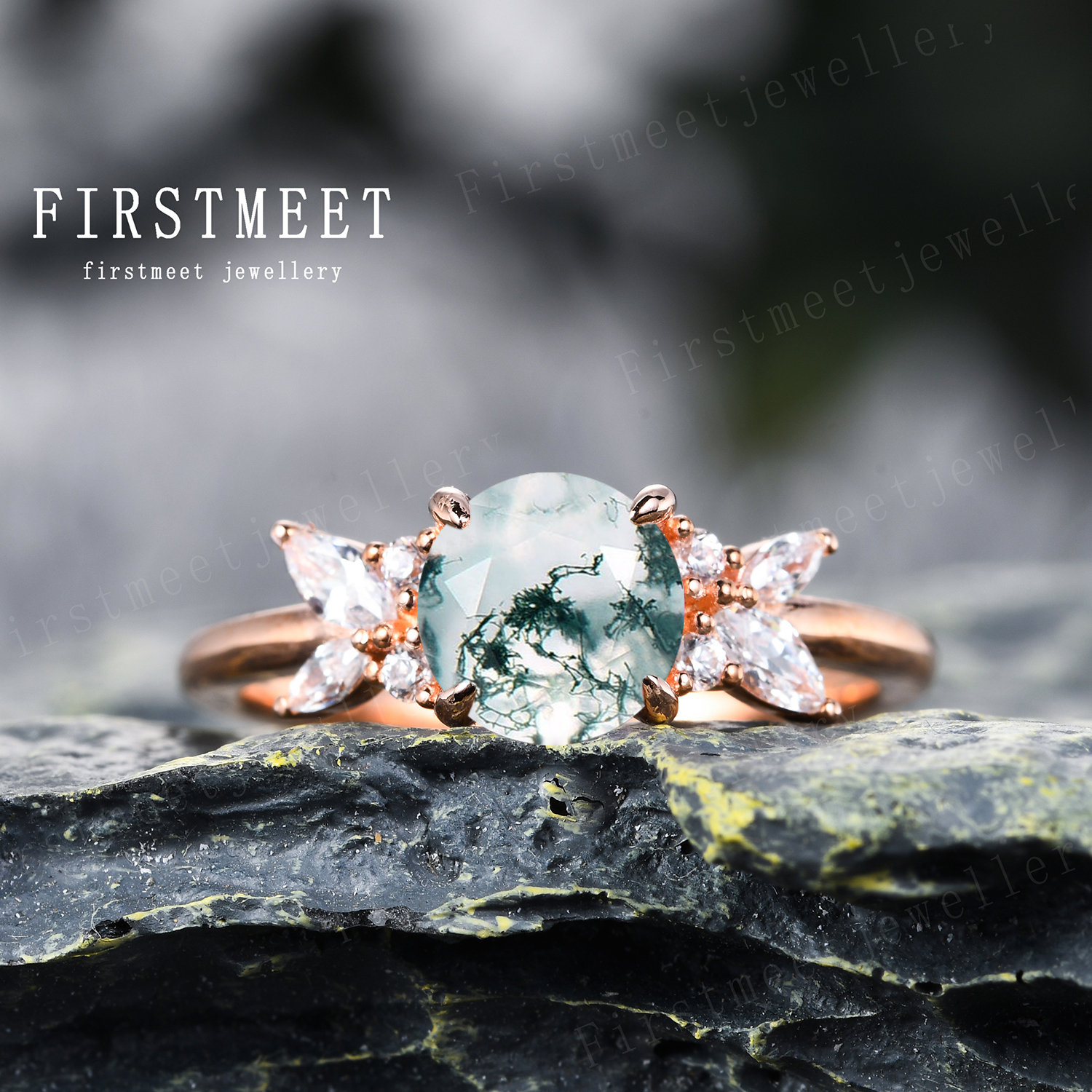 Moos Achat Verlobungsring Unikat Diamant Blumenring Vintage Weiß Grün in 18K Roségold von Firstmeetjewellery