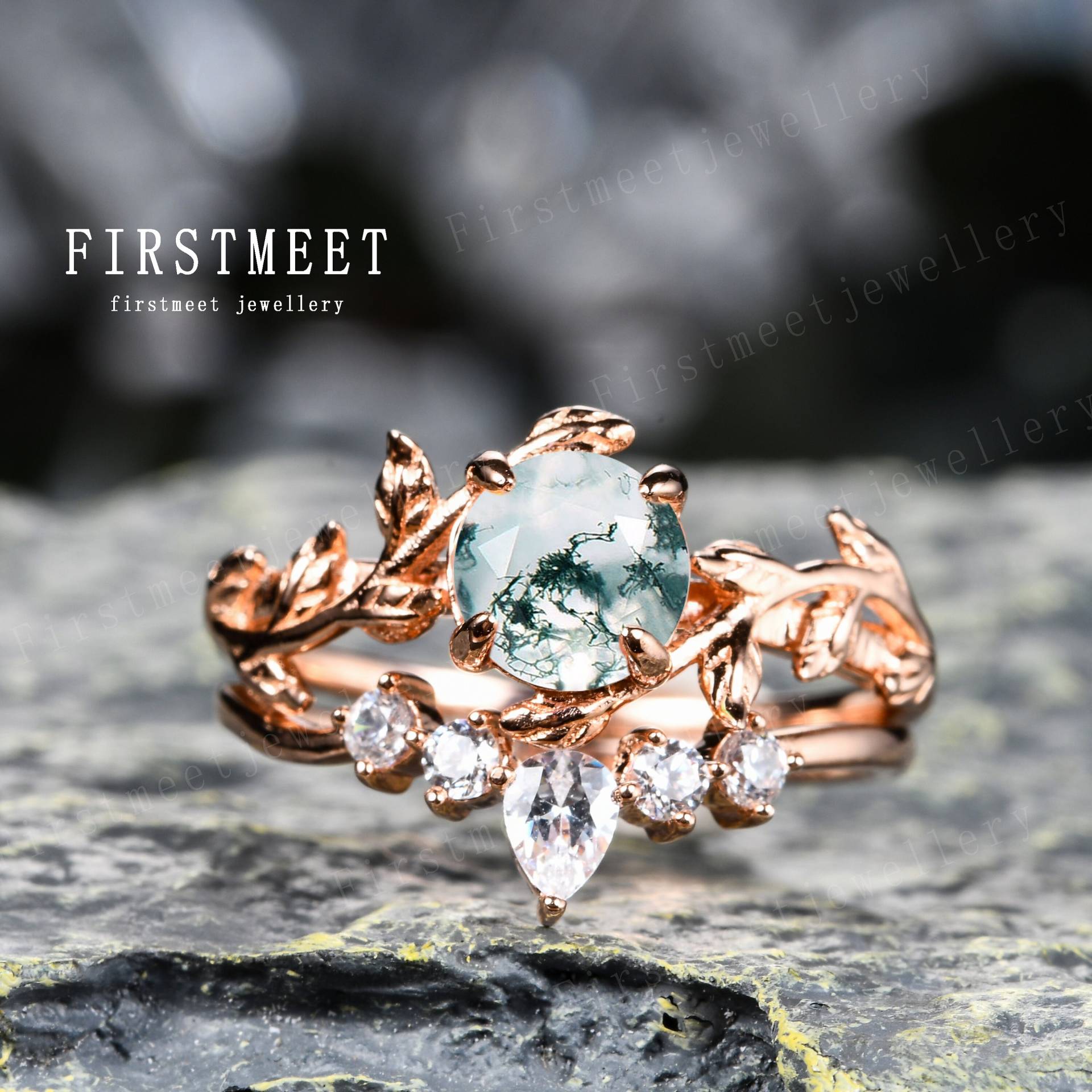 Moos Achat Verlobungsringe Für Frau Natürlicher Blatt Inspirierter Ring Roségold Ast Stapelringe Versprechen Set Unikat Zweig von Firstmeetjewellery