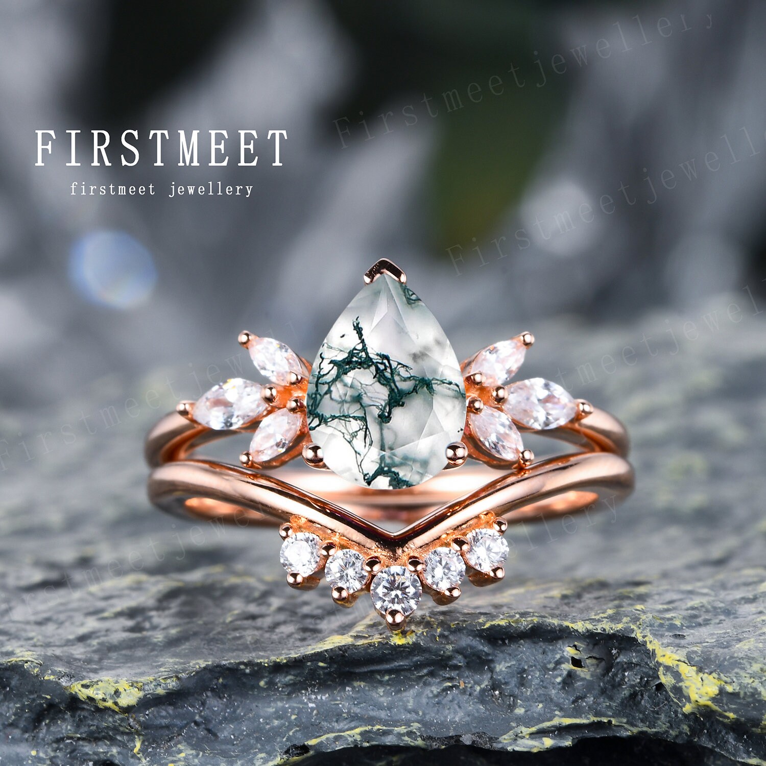 Moos Achat Versprechen Ring Set Vintage Unikat Pear Cut Verlobungsring Tiara Roségold Marquise Diamant Blatt Braut von Firstmeetjewellery