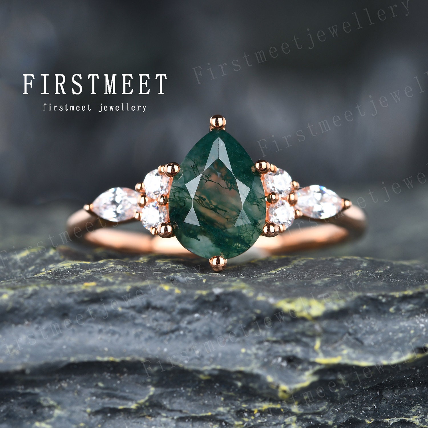 Moosachat Verlobungsring Vintage Rosegold Diamant Achat Ehering Braut Versprechen Jahrestag Ring von Firstmeetjewellery