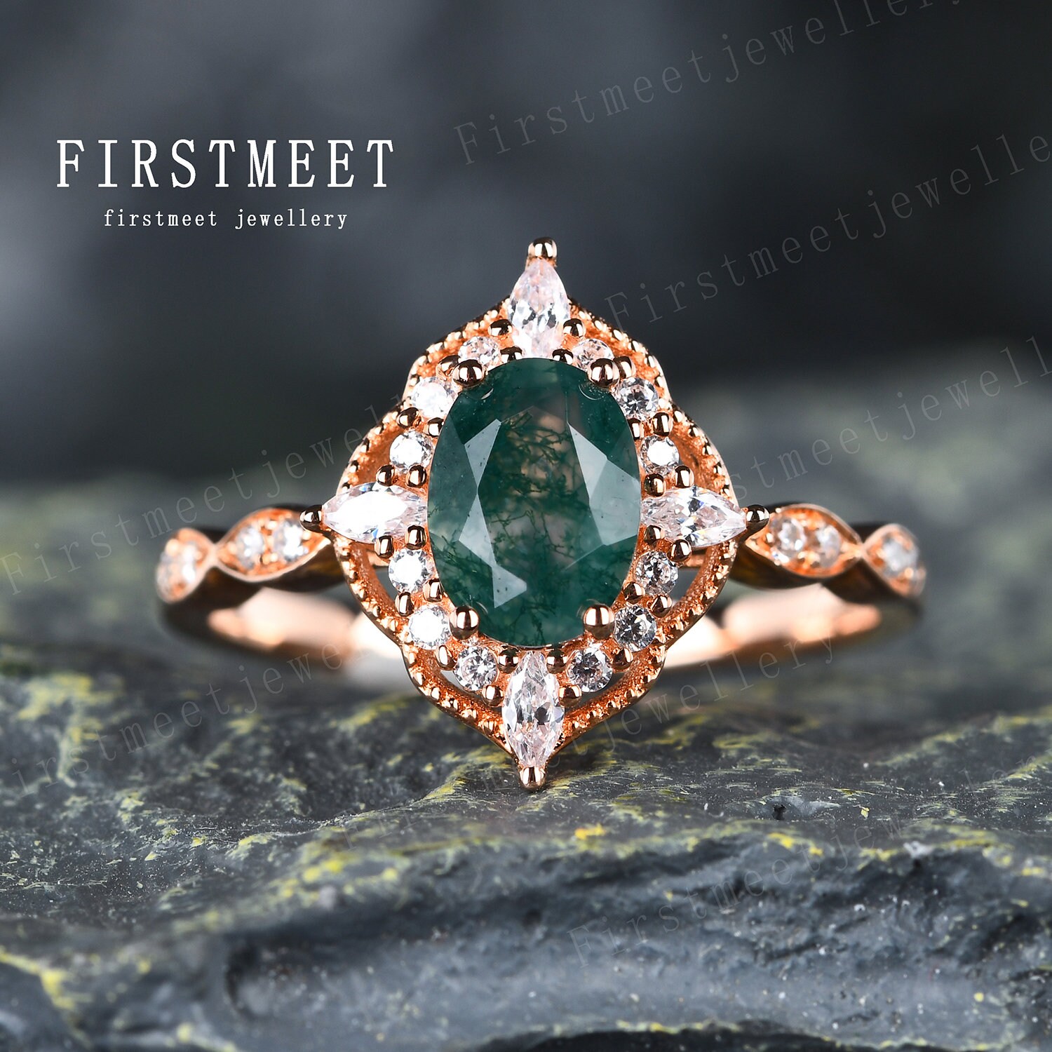 Natürlicher Grüner Moos Achat Verlobungsring Unikat Marquise Diamant Halo Ehering Art Deco Rose Gold Versprechen Ring Handgemacht Schmuck Geschenk von Firstmeetjewellery