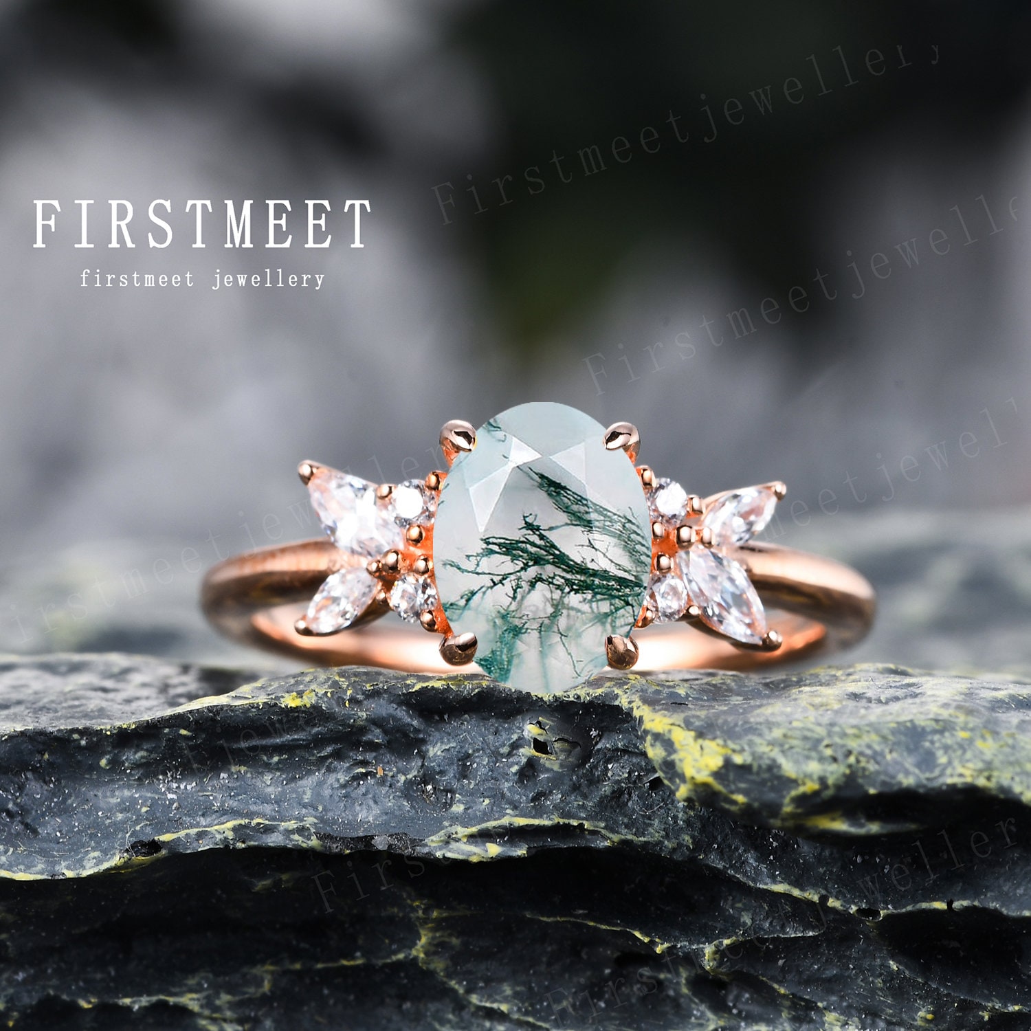 Ovaler Moos Achat Verlobungsring in 18K Roségold Vintage Unikat Diamant Versprechensring von Firstmeetjewellery