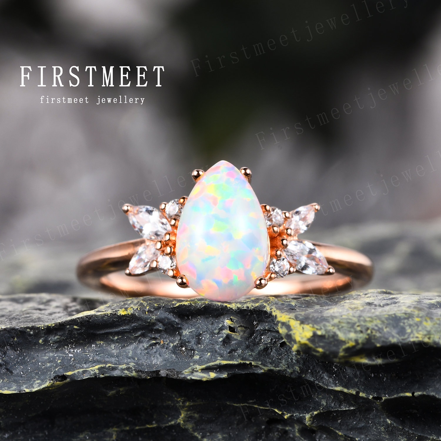 Pear Cut Opal Verlobungsring Vintage Ring Für Frau Diamant Ehering Unikat Weiß Feuer Versprechen Jubiläum Marquise von Firstmeetjewellery