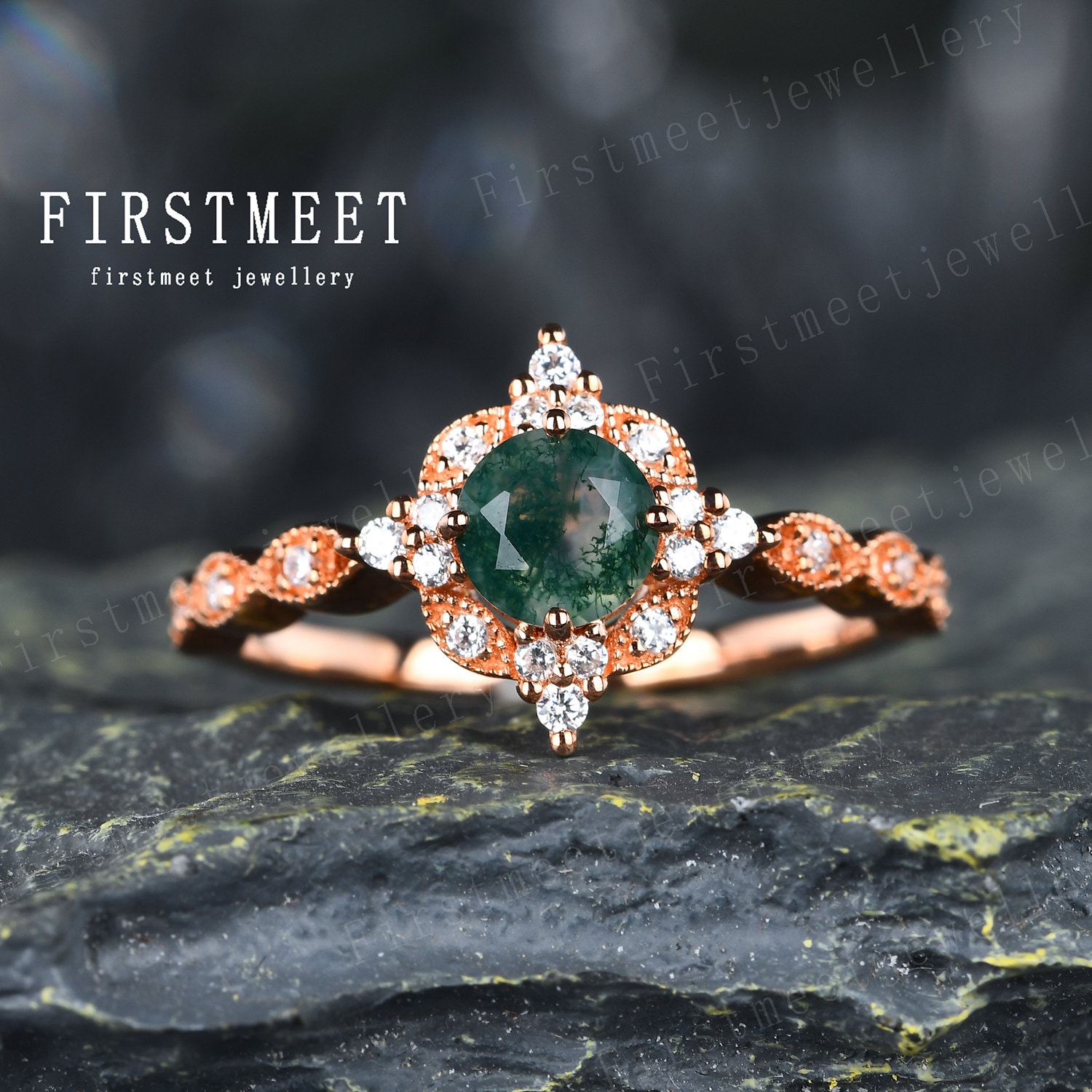 Runder Moos Achat Ring, Rosegold Blumen Brautring, Vintage Verlobungsring, Diamant Heiligenschein Art Deco Marquise Ehering von Firstmeetjewellery