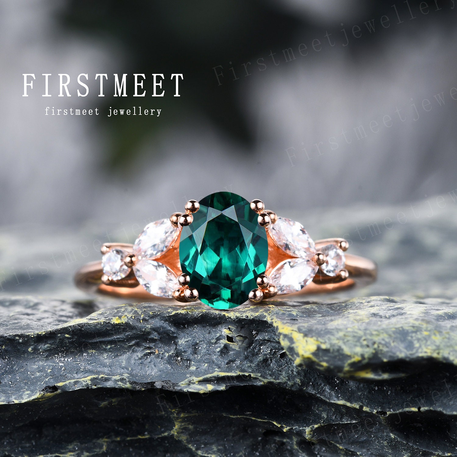 Silber Smaragd Verlobungsring, Ovaler Art Deco Ring, Einzigartiges Diamant Ehering, 14K Gold Schmuck Geschenk von Firstmeetjewellery