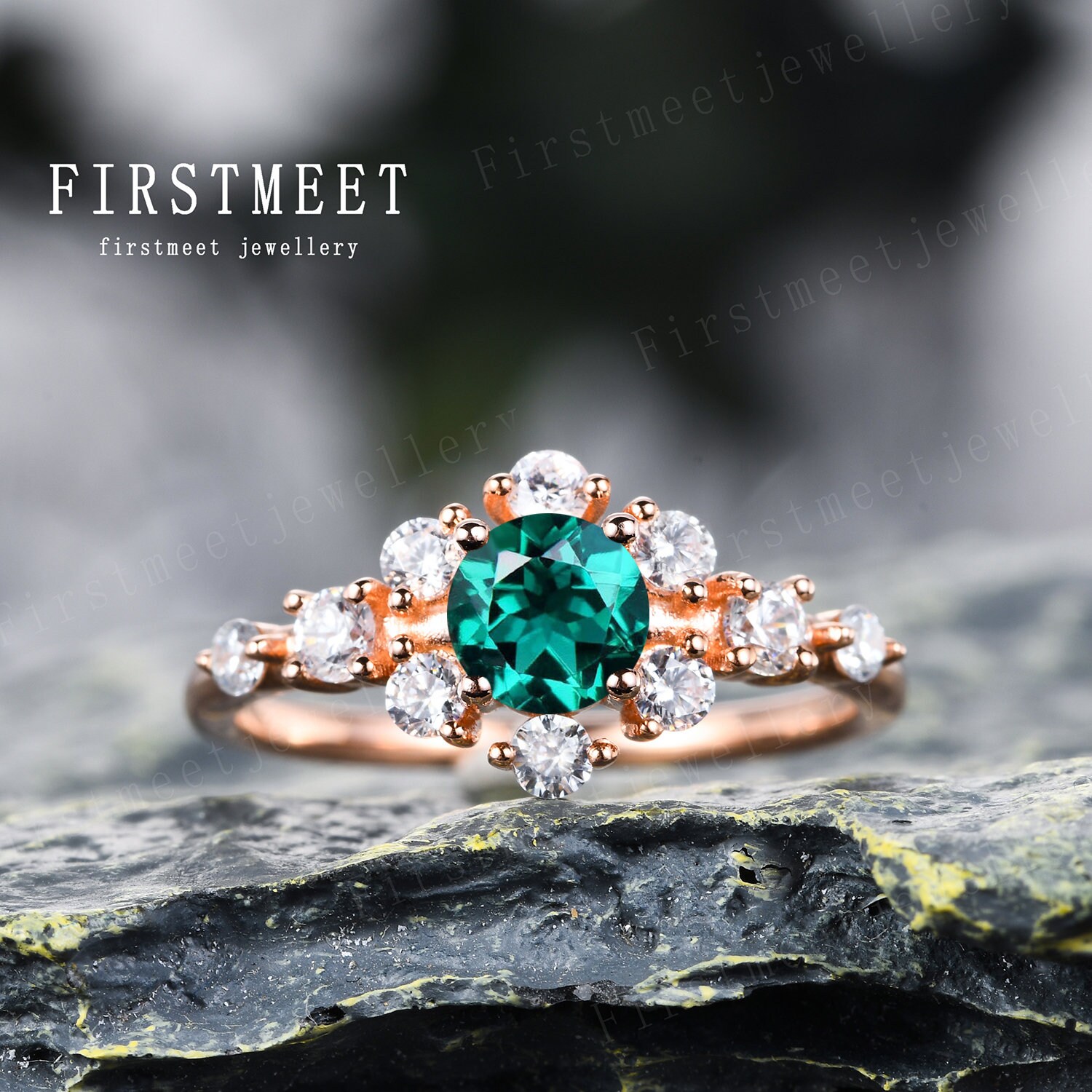 Smaragd Blüten Ring Vintage Verlobungsring Moissanit Cluster Halo Ehering Rosegold Jahrestag Mai Geburtsstein von Firstmeetjewellery