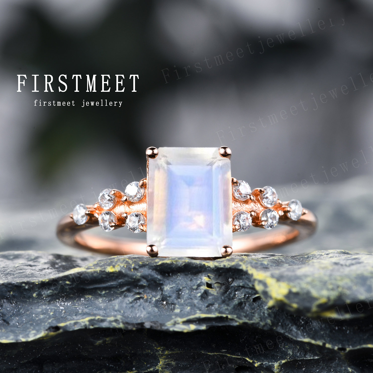 Smaragdschliff Mondstein Verlobungsring Roségold Diamant Ehering Versprechen Ring Moissanit Vintage Brautring von Firstmeetjewellery