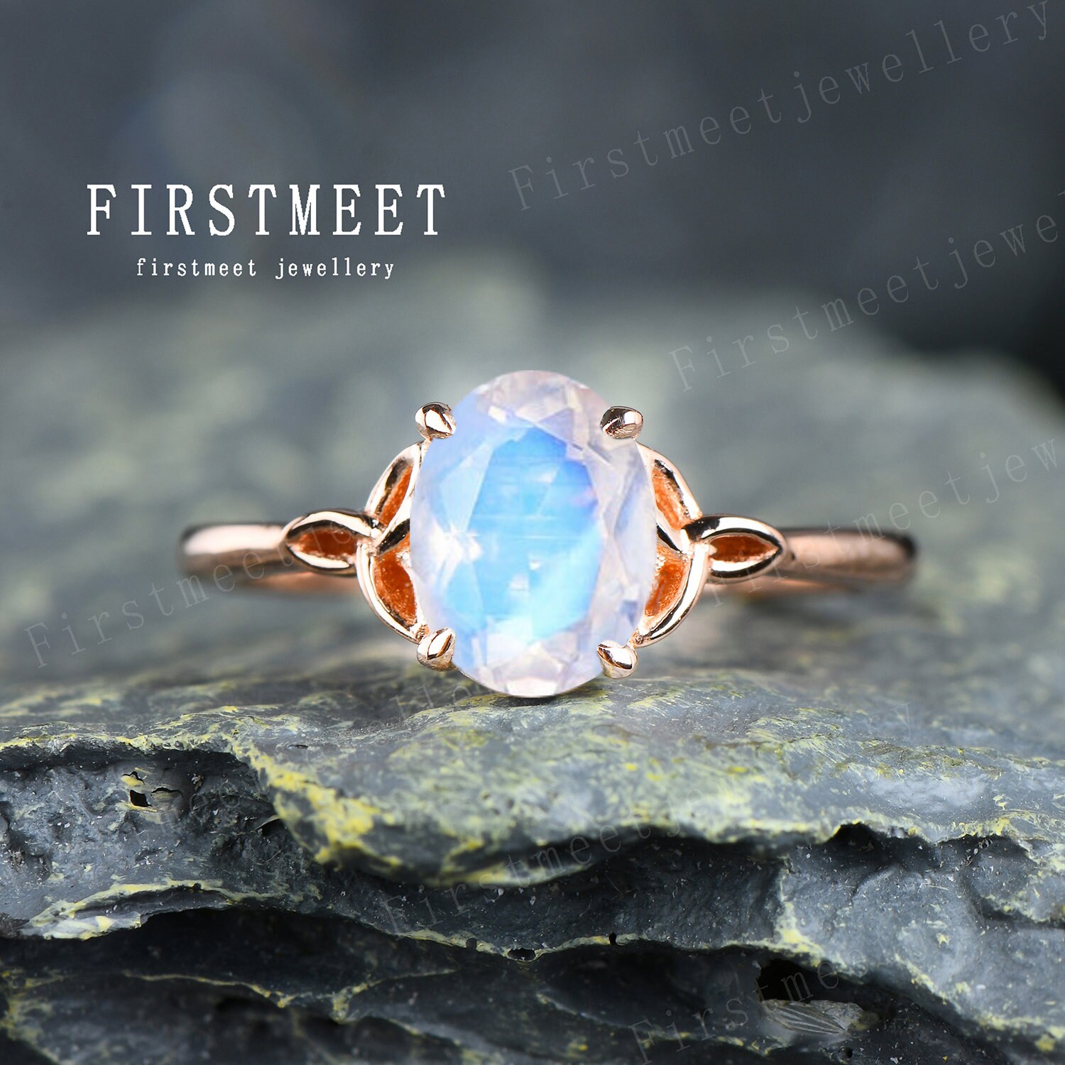 Solitär Oval Mondstein Verlobungsring Unendlichkeitsring Knotenring Unikat Ehering Roségold Band von Firstmeetjewellery