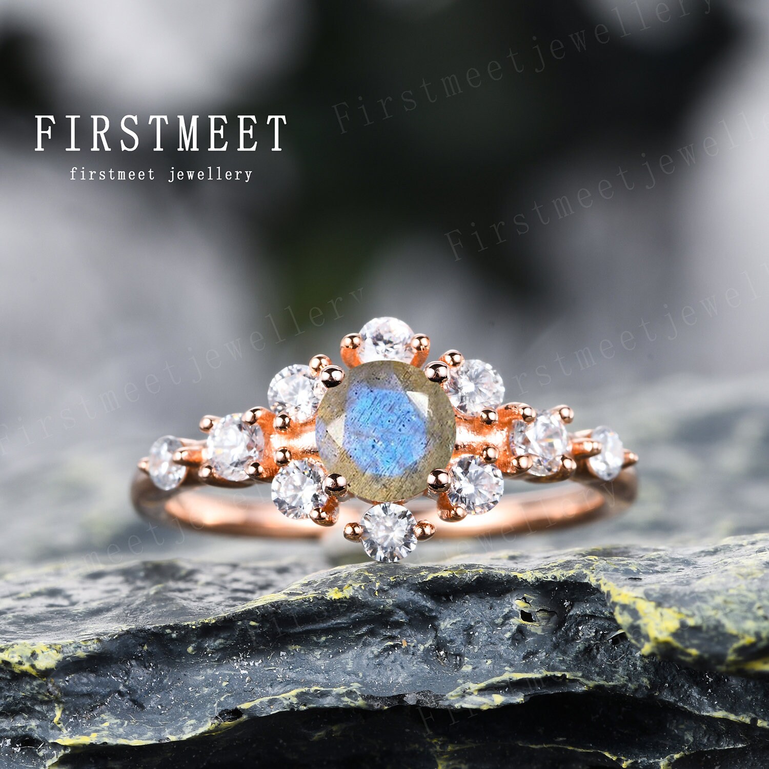 Unikat Labradorit Verlobungsring Vintage Cluster Floral Ring Diamant Versprechen Schmuck Geschenke Für Sie 18K Roségold von Firstmeetjewellery