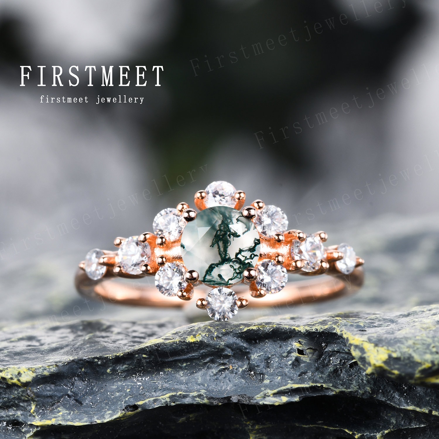 Vintage Blumen Verlobungsring Unikat Rundschliff Moos Achat Ring Diamant Moissanit Halo Brautring 18K Sterling Silber Roségold von Firstmeetjewellery