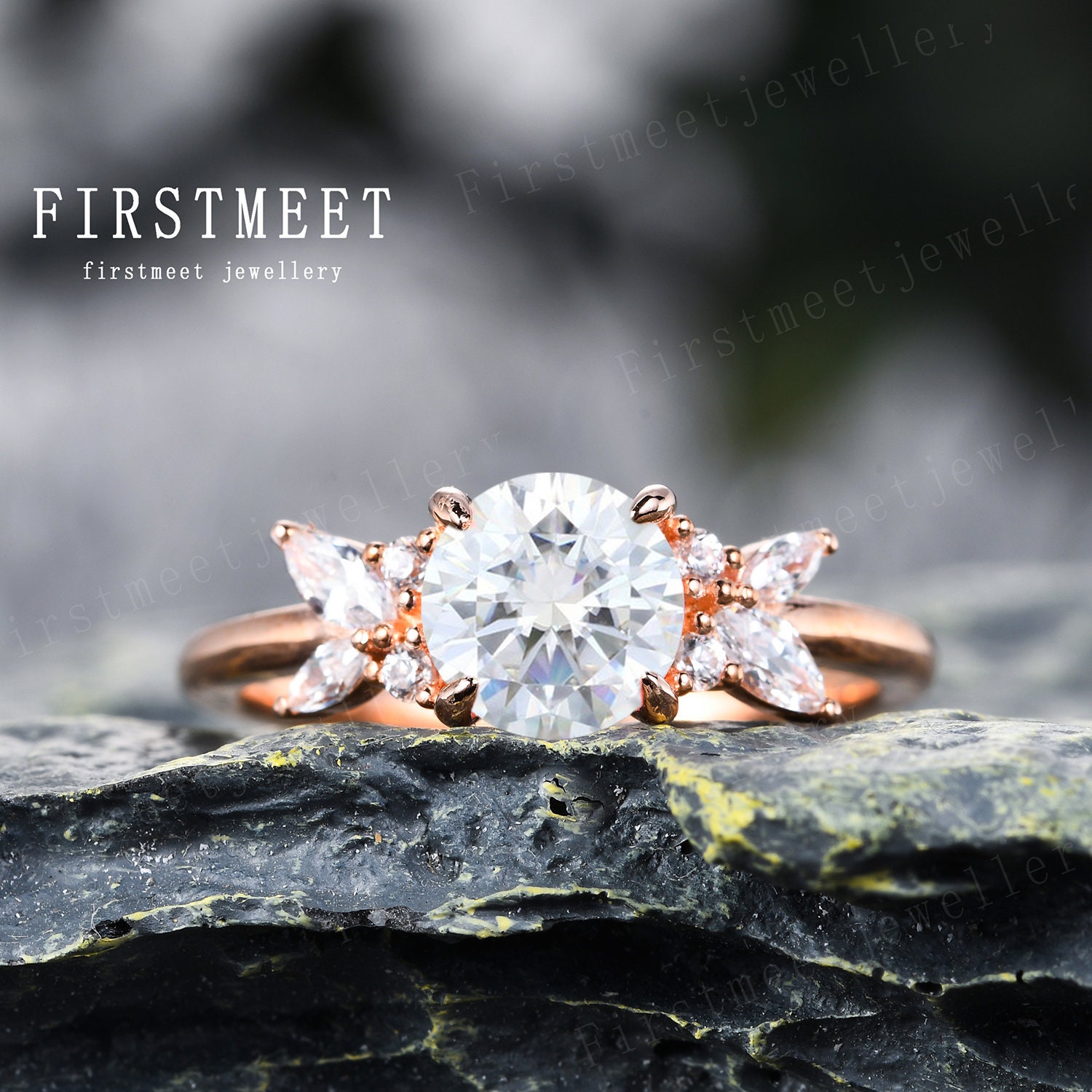 Vintage Moissanit Verlobungsring Rosegold Blume Hochzeit Brautring Marquise Und Rund Diamant Art Deco Antik Jahrestag Geschenke von Firstmeetjewellery