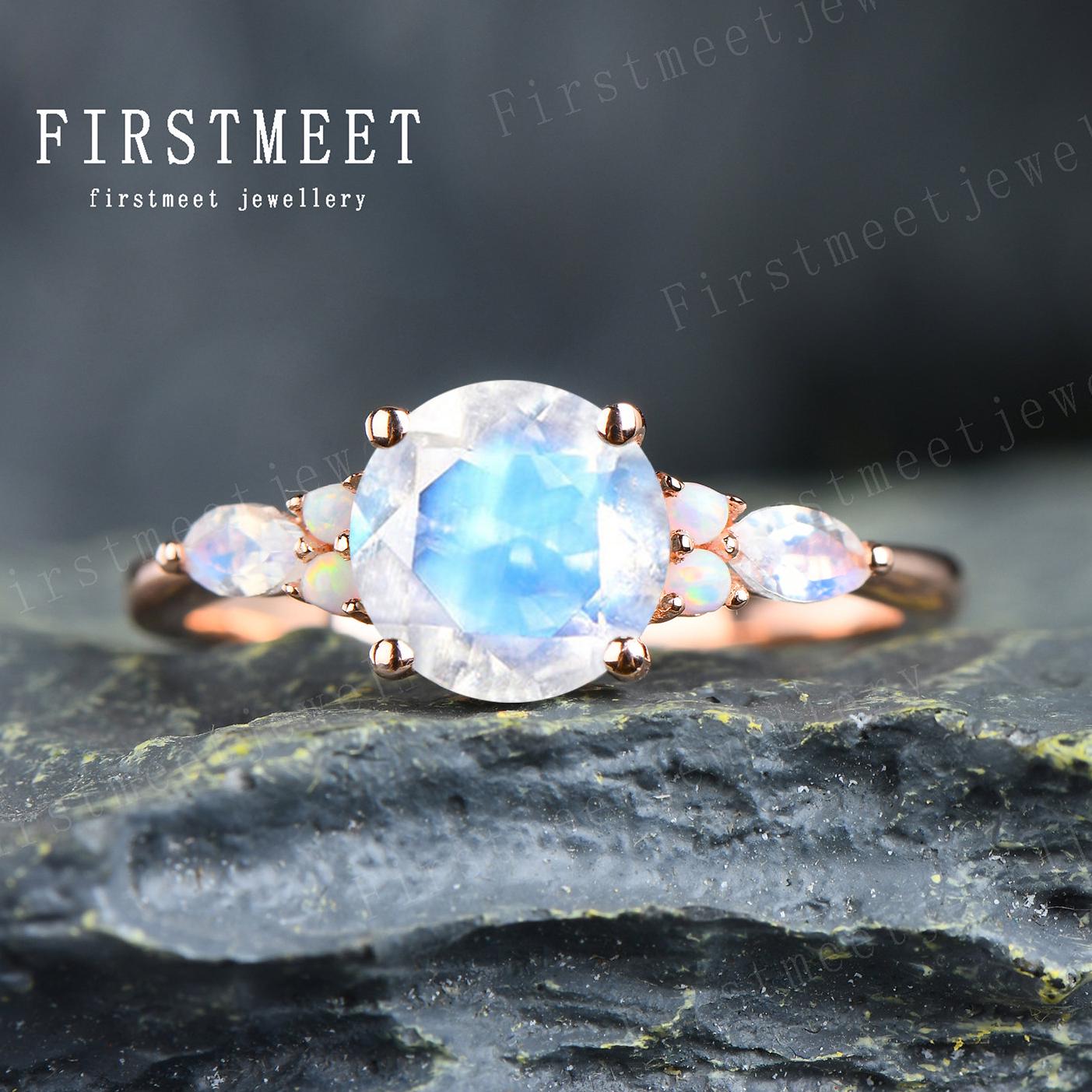 Vintage Mondstein Verlobungsring Roségold Opal Ehering Rund Marquiseschliff Ring Versprechen Für Sie Einzigartiges von Firstmeetjewellery