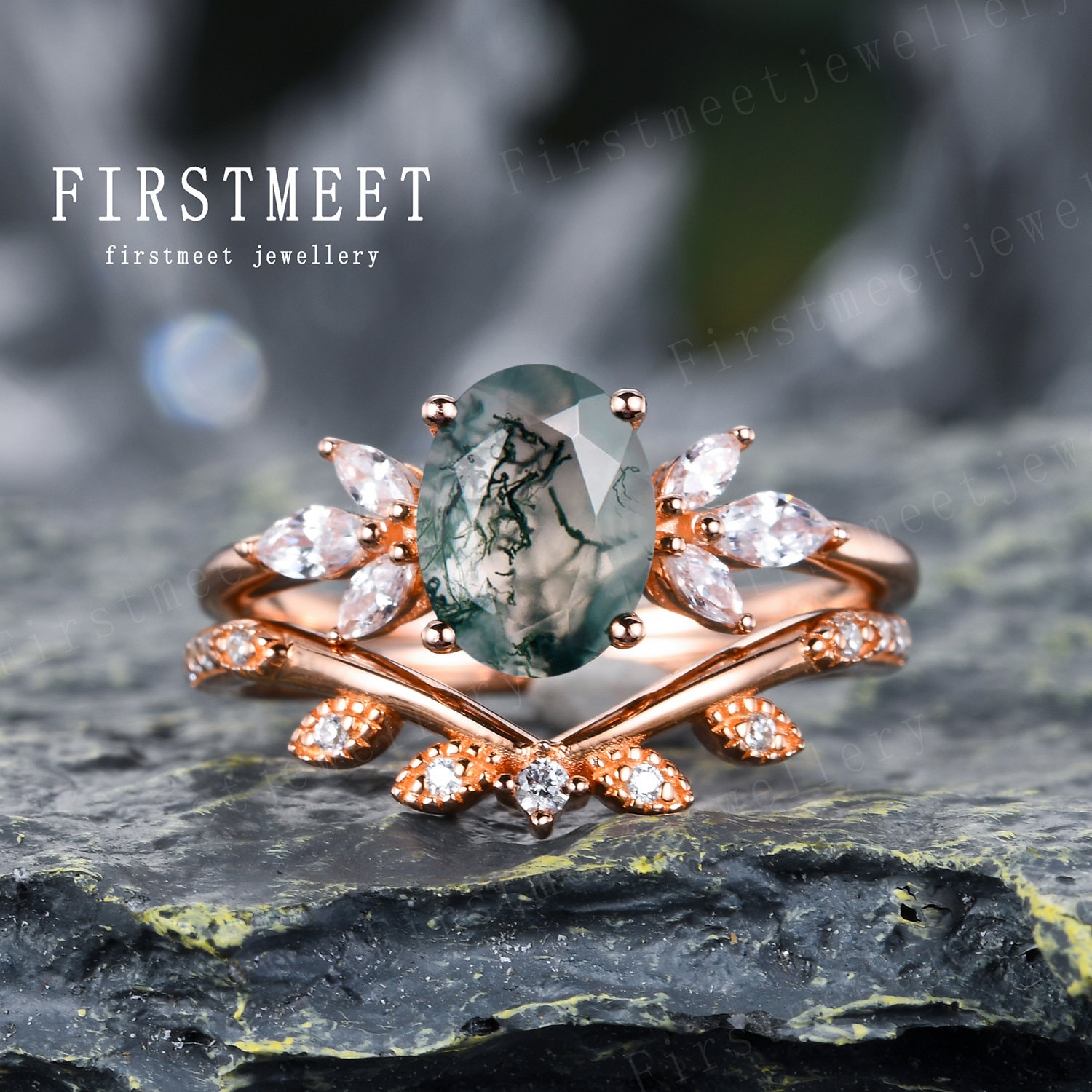 Vintage Moos Achat Braut Eheringe Set, Verlobungsringe Für Frauen, Rosegold Moose Ring Versprechen Set von Firstmeetjewellery