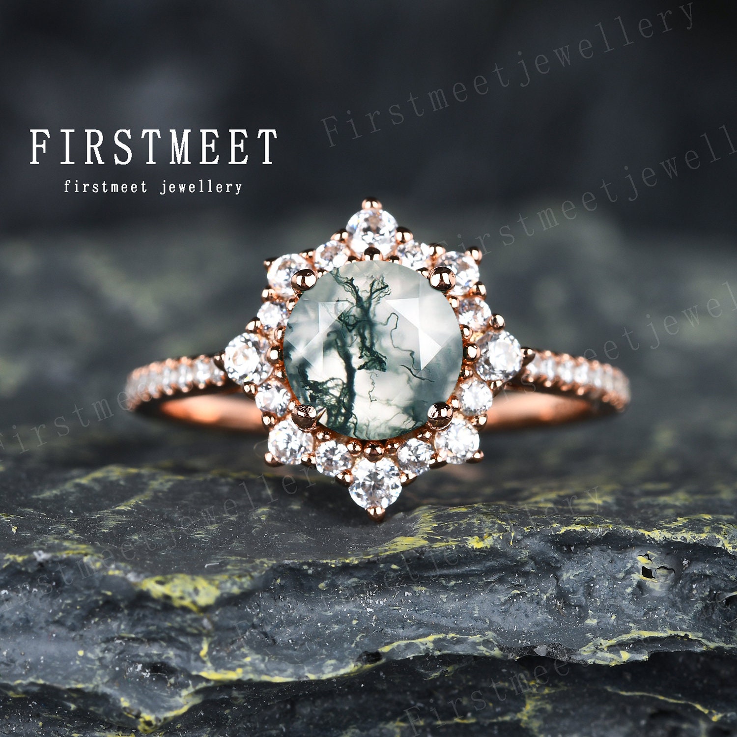 Vintage Moos Achat Brautring Unikat Verlobungsring 14K Roségold Diamant Ehering Sterling Silber Frauen Halo Blumen Ring von Firstmeetjewellery