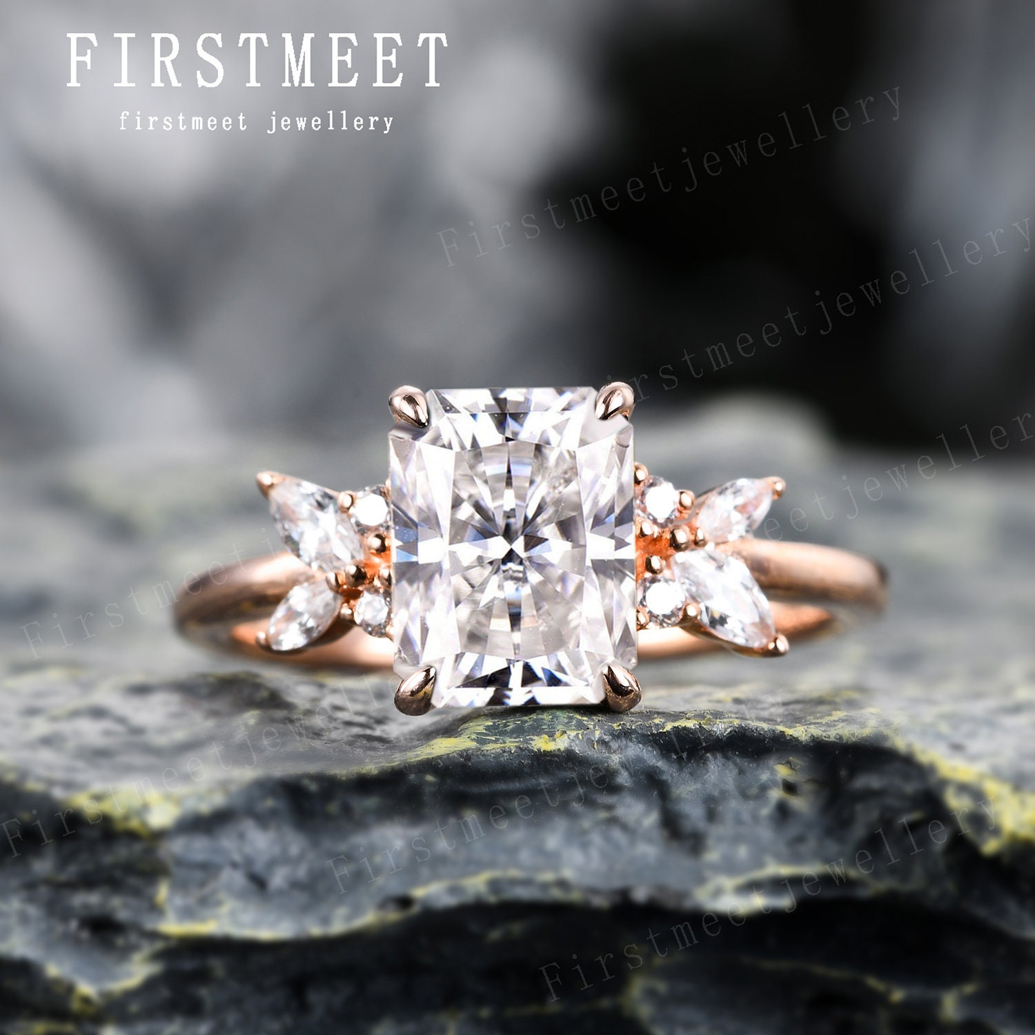 Vintage Strahlender Moissanit Blumen Verlobungsring Roségold Ring Marquise Rundschliff Diamant Braut Versprechen Handarbeit Schmuck von Firstmeetjewellery