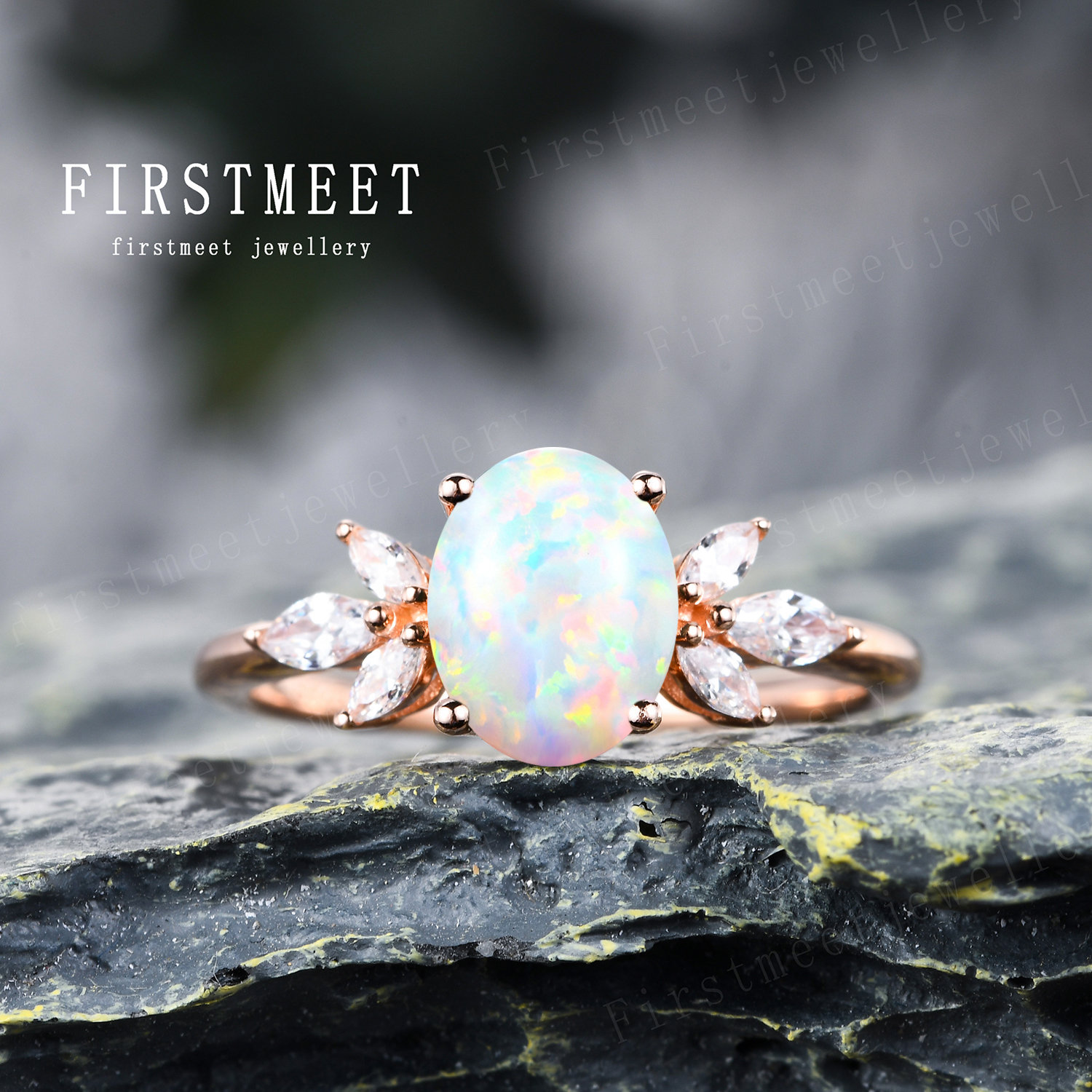 Weißer Opal Ring, Blumen Verlobungsring, Roségold Diamant Vintage Hochzeit Brautring, Verlobungsring von Firstmeetjewellery