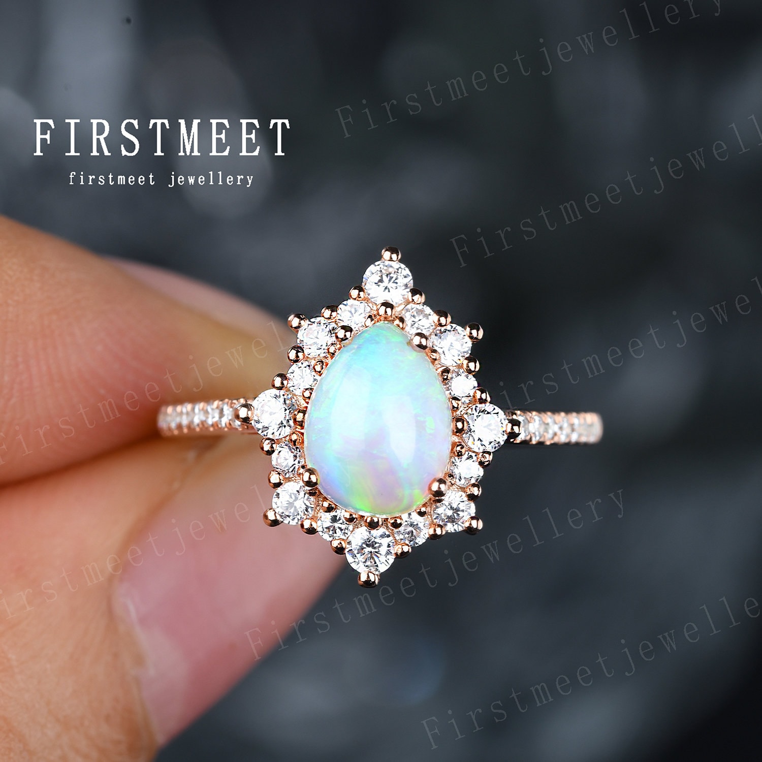 Weißer Opal Verlobungsring Versprechen Ring Pear Cut Ehering Roségold Blütenring Diamant Brautring von Firstmeetjewellery