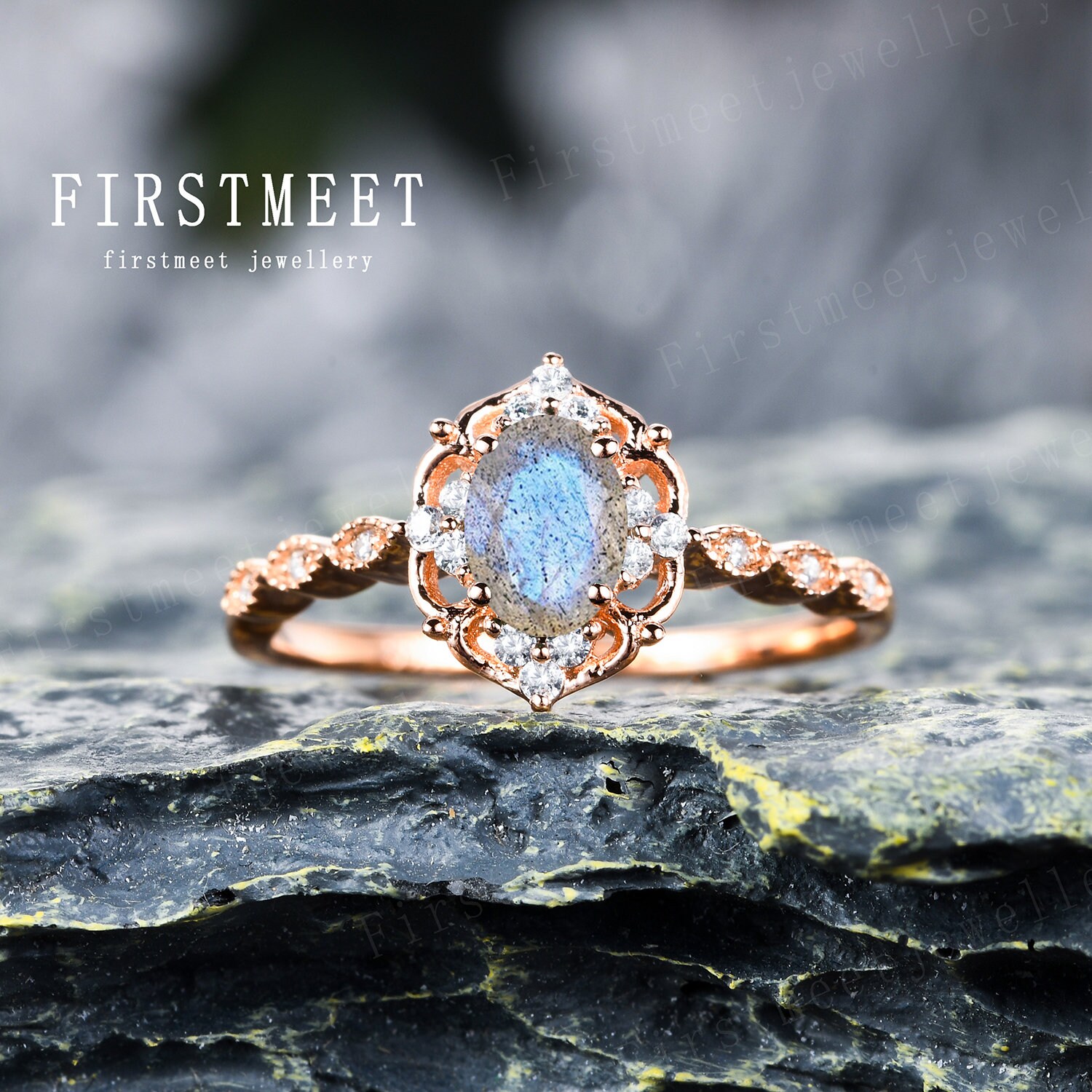 Zierliche Labradorit Verlobungsring Rosegold Vintage Blumen Ring Marquise Milgrain Band Unikat Filigran Für Frau Versprechen Geschenk Schmuck von Firstmeetjewellery