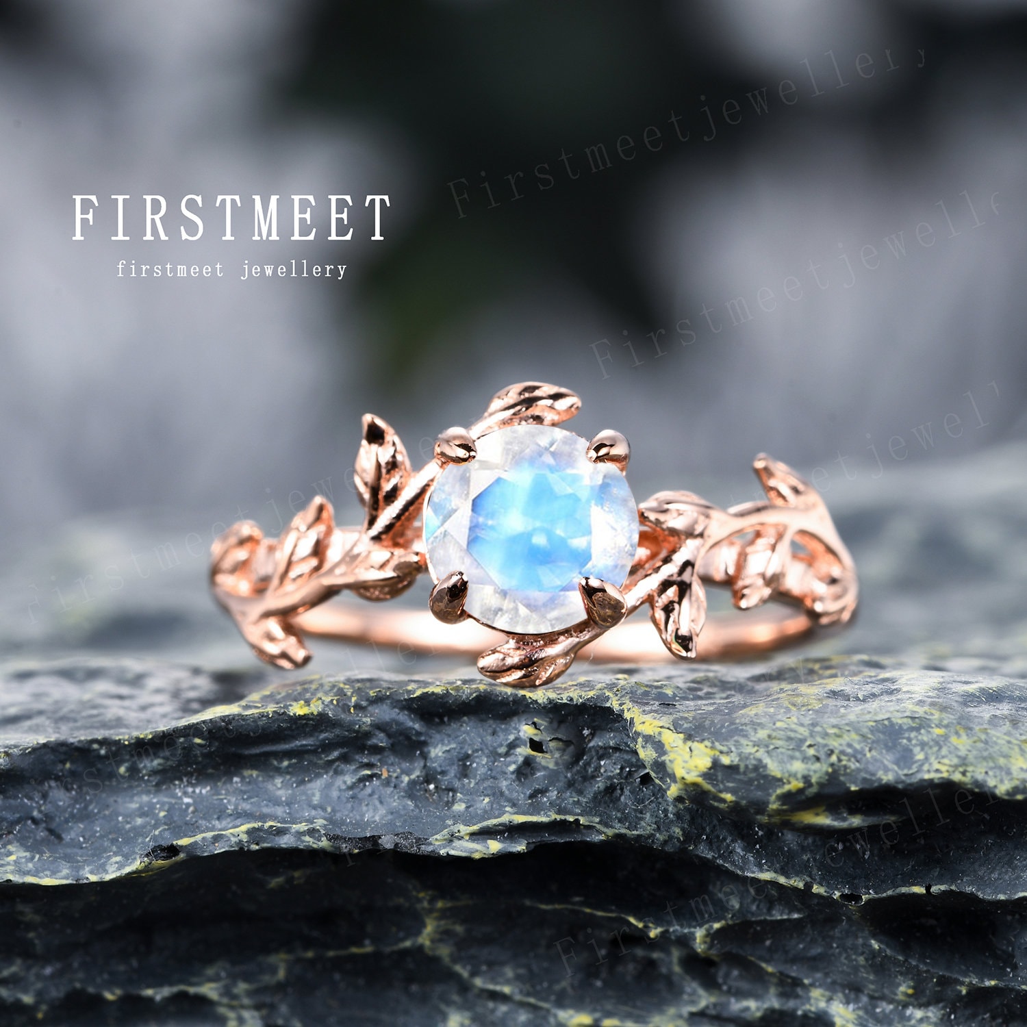 Zweig Mondstein Verlobungsring Vintage Blatt Ring Unikat Ast Band Art Deco Versprechen Jubiläum Schmuck Geschenk Roségold von Firstmeetjewellery