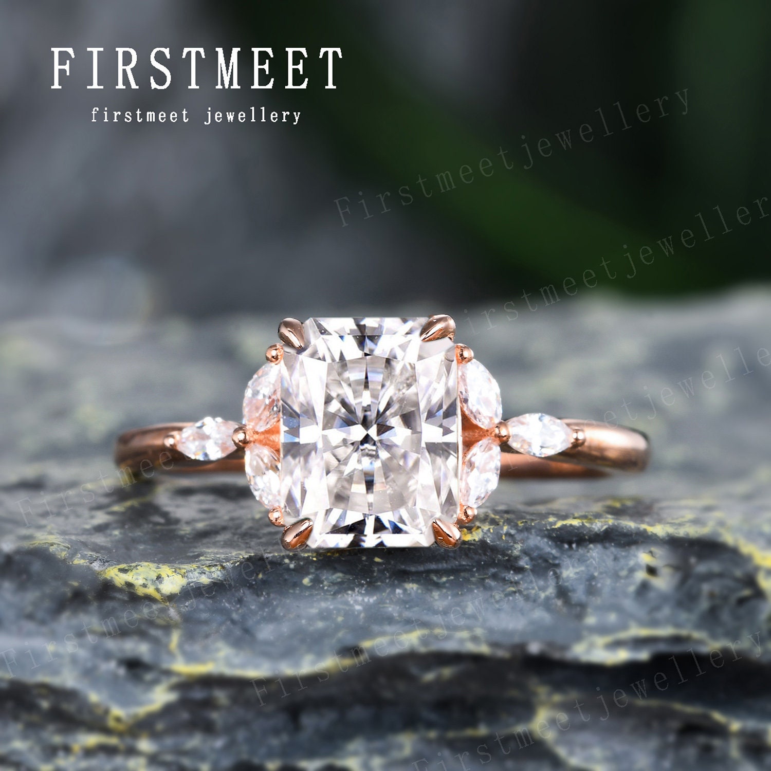 strahlender Schliff Moissanit Verlobungsring Unikat Vintage Smaragd Ring Roségold Marquise Diamant Frau Versprechen Schmuck von Firstmeetjewellery