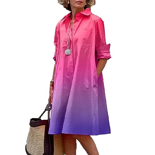 Damen Casual Hemdkleid Hemdkragen Langarm Shift Midi Kleider Mode Büro Alltag Loose Print Kleid mit Taschen, Rosarot Farbverlauf, Mittel von Firtfive