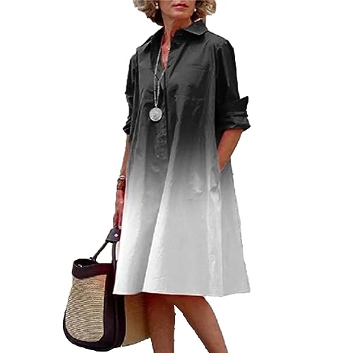Damen Casual Hemdkleid Hemdkragen Langarm Shift Midi Kleider Mode Büro Täglich Lose Print Kleid mit Taschen, Farbverlauf in Schwarz und Weiß, Mittel von Firtfive