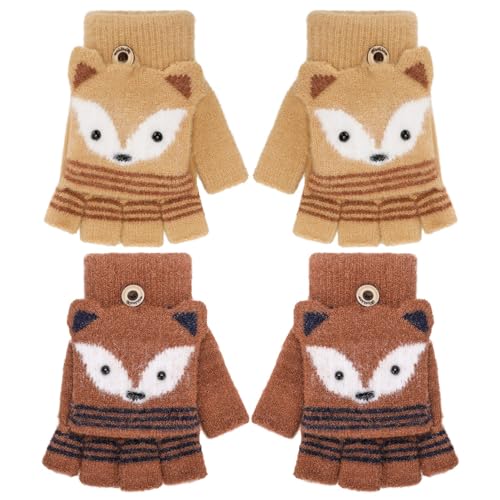 Firtink 2 Paar Kinder Halbfinger Handschuhe mit Flip Top, Fingerlose Fäustlinge, Kinder Warm Winter Cartoon Strick Handschuhe für Jungen Mädchen,7-10 Jahre(One Size Gelb,Braun) von Firtink