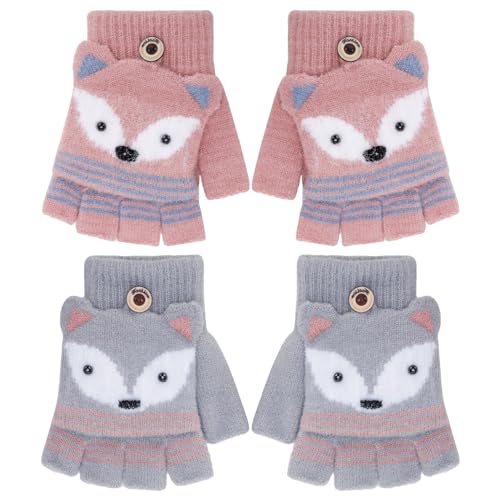 Firtink 2 Paar Kinder Halbfinger Handschuhe mit Flip Top,Fingerlose Handschuhe Fäustlinge Kinder Warm Winter Cartoon Strick Finger Handschuhe für Kinder Jungen Mädchen,7-10 Jahre(One Size Grau,Rosa) von Firtink