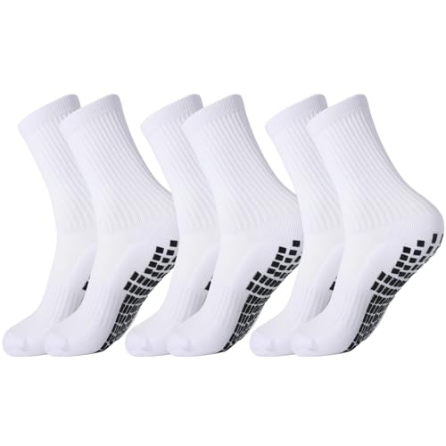 Firtink 3 Paar Fußballsocken Grip Socken Fussball 39-45, Rutschfeste und schweißabweisend Fußballsocken Herren, Anti Rutsch Sportsocken für Basketball Yoga Wandern Laufen Weiß von Firtink