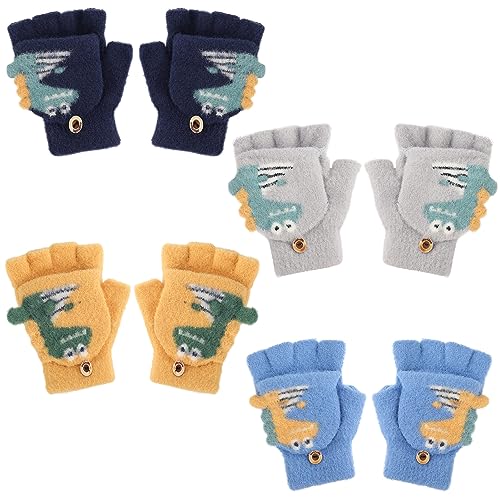 Firtink 4 Paare Kinder Fingerlose Handschuhe, Dinosaurier Flip Top Handschuhe mit Fäustling-Abdeckung, warme Cartoon-Winterhandschuhe, halbfinger Fäustlinge für Jungen Mädchen von Firtink