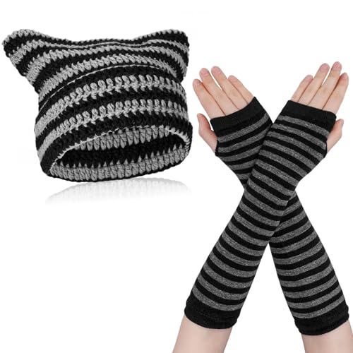 Firtink Damen Katzenmütze, Katzenohren Beanie Hut Y2K Winter Warm Gestreifte Strickmütze Fairy Grunge Häkeln Katze Beanie Frauen Slouchy Beanies Mütze mit Lange Handschuhe für Frauen von Firtink
