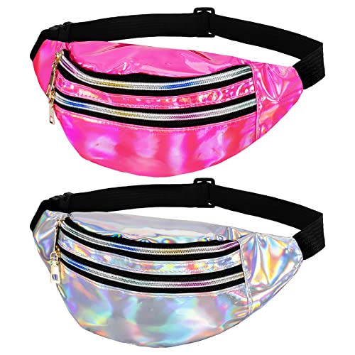 Firtink Glänzende Bauchtasche, holografische Hüfttasche, Gürteltasche, Doppelreißverschluss, Festival, Rave, wasserdichte Hüfttasche für Damen, Damen, Mädchen, Reisen, Party, silber, Einheitsgröße von Firtink