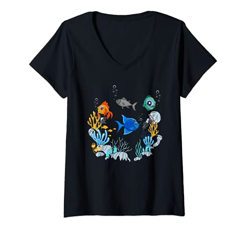 Damen Korallen Aquarium Meerestier Unterwasserwelt Fisch T-Shirt mit V-Ausschnitt von Fisch Aquarium Unterwasserwelt Geschenkidee
