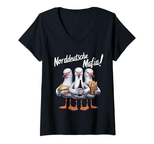 Damen Norddeutsche Fischbrötchen Mafia Möwen Norddeutschland T-Shirt mit V-Ausschnitt Damen Norddeutsche Fischbrötchen Mafia Möwen Norddeutschland T-Shirt mit V-Ausschnitt von Fischbrötchen, Sprüche und Küste, eben Norden.
