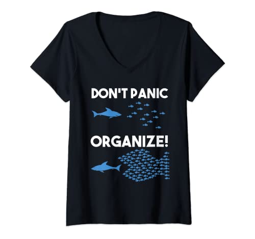 Damen Don't Panic Organize Fischschwarm Hai T-Shirt mit V-Ausschnitt Damen Don't Panic Organize Fischschwarm Hai T-Shirt mit V-Ausschnitt von Fische Fisch Schwarm
