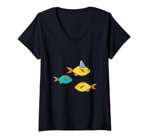 Damen Fische Hai Flosse anders Fisch Fantasy Meerestiere Kind T-Shirt mit V-Ausschnitt Damen Fische Hai Flosse anders Fisch Fantasy Meerestiere Kind T-Shirt mit V-Ausschnitt von Fische Hai Flosse Kostüm anders Geschenk Fantasy