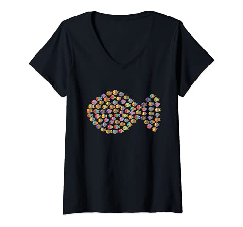 Damen Viele kleine bunte Fische in Fischform lustiger Fischschwarm T-Shirt mit V-Ausschnitt Damen Viele kleine bunte Fische in Fischform lustiger Fischschwarm T-Shirt mit V-Ausschnitt von Fische Meerestiere Ozeane schützen bunte Fische