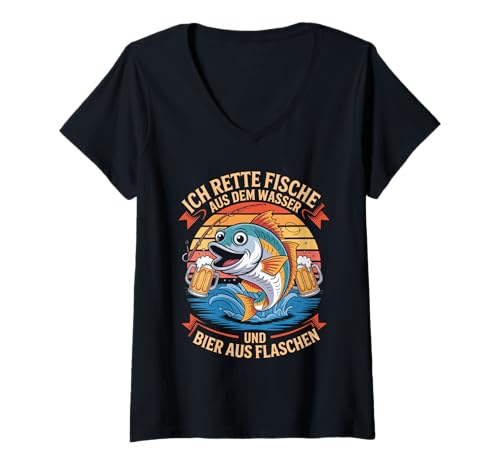 Damen Ich Rette Fische Aus Dem Wasser Und Bier T-Shirt mit V-Ausschnitt Damen Ich Rette Fische Aus Dem Wasser Und Bier T-Shirt mit V-Ausschnitt von Fische Wasser Bier Angeln Humor Spaß
