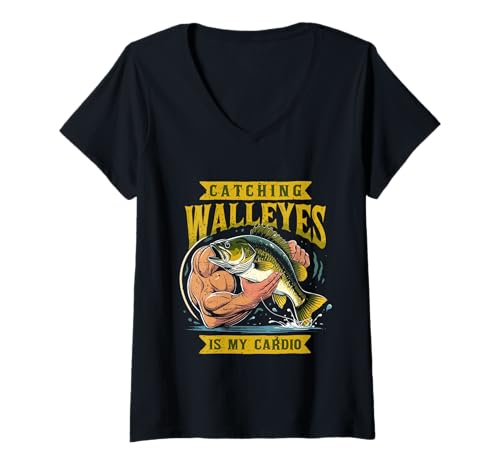 Damen Glasaugenbarsch Zander Catching Walleyes Is My Cardio T-Shirt mit V-Ausschnitt von Fischen Angeln Angelsport