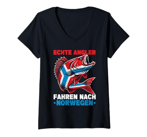 Damen Echte Angler Fahren Nach Norwegen Fishing Angelteam T-Shirt mit V-Ausschnitt von Fischer Fischjagd Norwegen Angelausflug