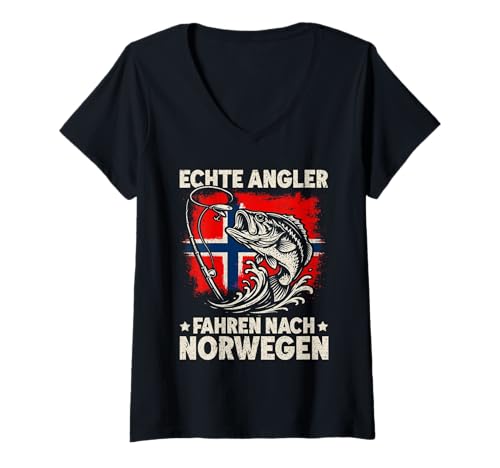 Damen Echte Angler Fahren Nach Norwegen Norway Fischer Angelsport T-Shirt mit V-Ausschnitt Damen Echte Angler Fahren Nach Norwegen Norway Fischer Angelsport T-Shirt mit V-Ausschnitt von Fischer Fischjagd Norwegen Angelausflug