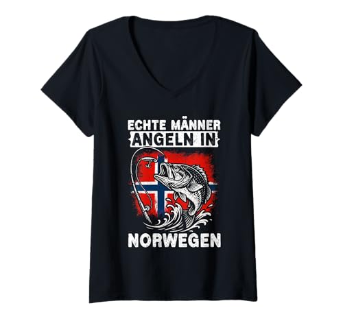 Damen Echte Männer Angeln In Norwegen Fischer Angelsport Angler T-Shirt mit V-Ausschnitt von Fischer Fischjagd Norwegen Angelausflug