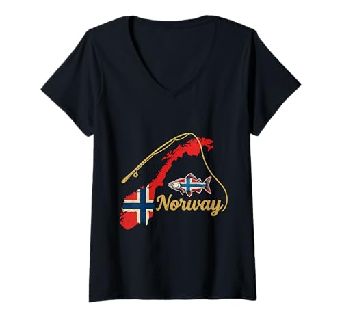 Damen Norway Norwegen Angelteam Angler Fischer Angelsport T-Shirt mit V-Ausschnitt von Fischer Fischjagd Norwegen Angelausflug